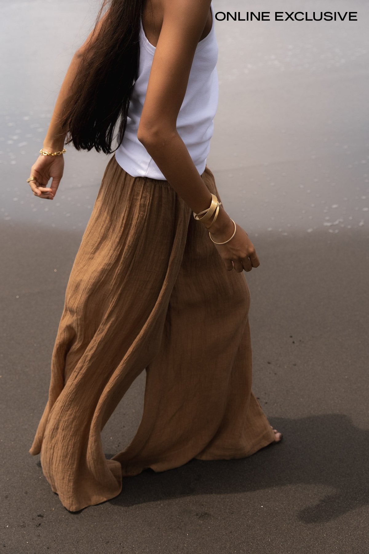 Karam - Crinkled wide leg pants I Walnut Walnut XS 1 - Rabens Saloner