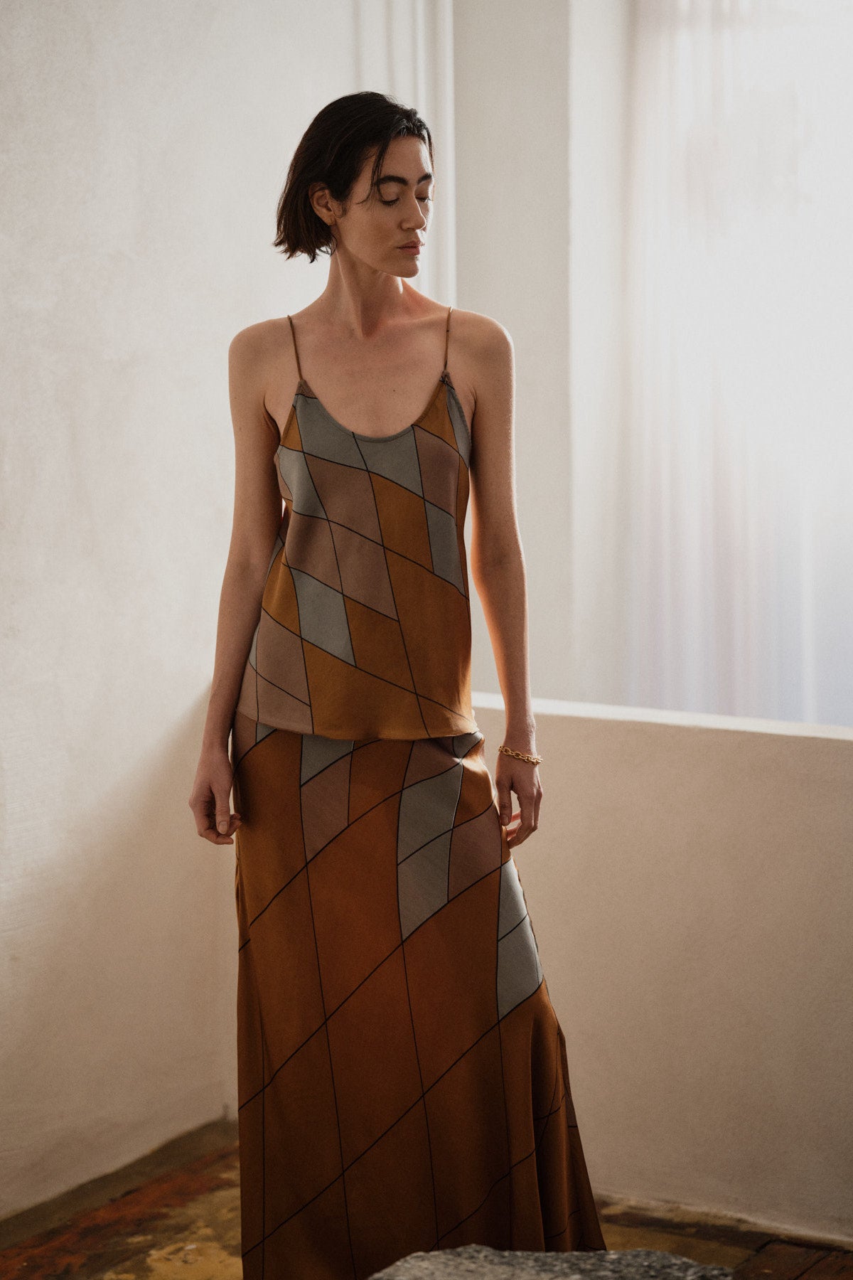 Lise - Diamond print bias camisole I Rust combo 7 - Rabens Saloner